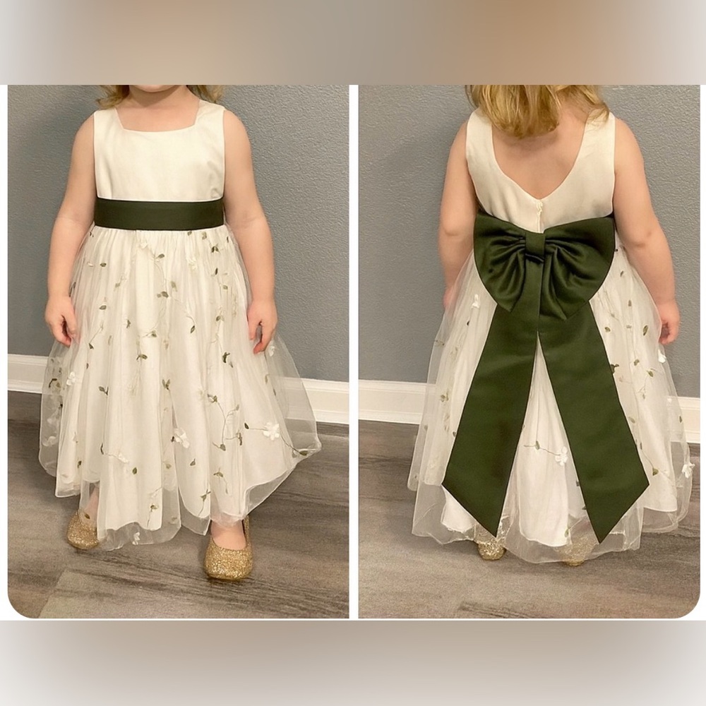 Azazie Ivory and Olive Embroidered Kids Dress